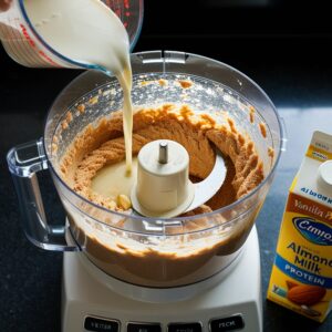 Almond milk being gradually added to a food processor, blending the mixture into a thick cookie dough consistency.