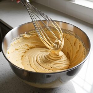 Batter being mixed until combined, but not overmixed, showing a few small lumps.