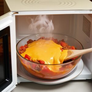 A wooden spoon stirs a bowl of partially melted Velveeta, tomatoes, and beef, releasing steam from the hot, creamy mixture inside a microwave.