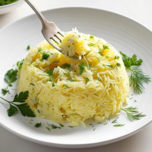 Cooked rice being fluffed with a fork in a saucepan, topped with fresh parsley and dill for added flavor and a pop of color.