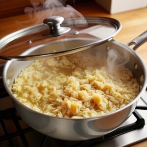 A covered saucepan simmering on low heat as the rice cooks and absorbs the vegetable stock, with steam escaping from the lid.