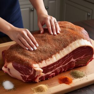 Hands rubbing a seasoning mix of salt, pepper, paprika, garlic powder, and onion powder onto a beef brisket on a wooden board.