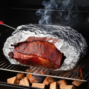 A wrapped brisket inside the smoker, with smoke swirling around and a thermometer inserted into the foil showing a temperature near 203°F.