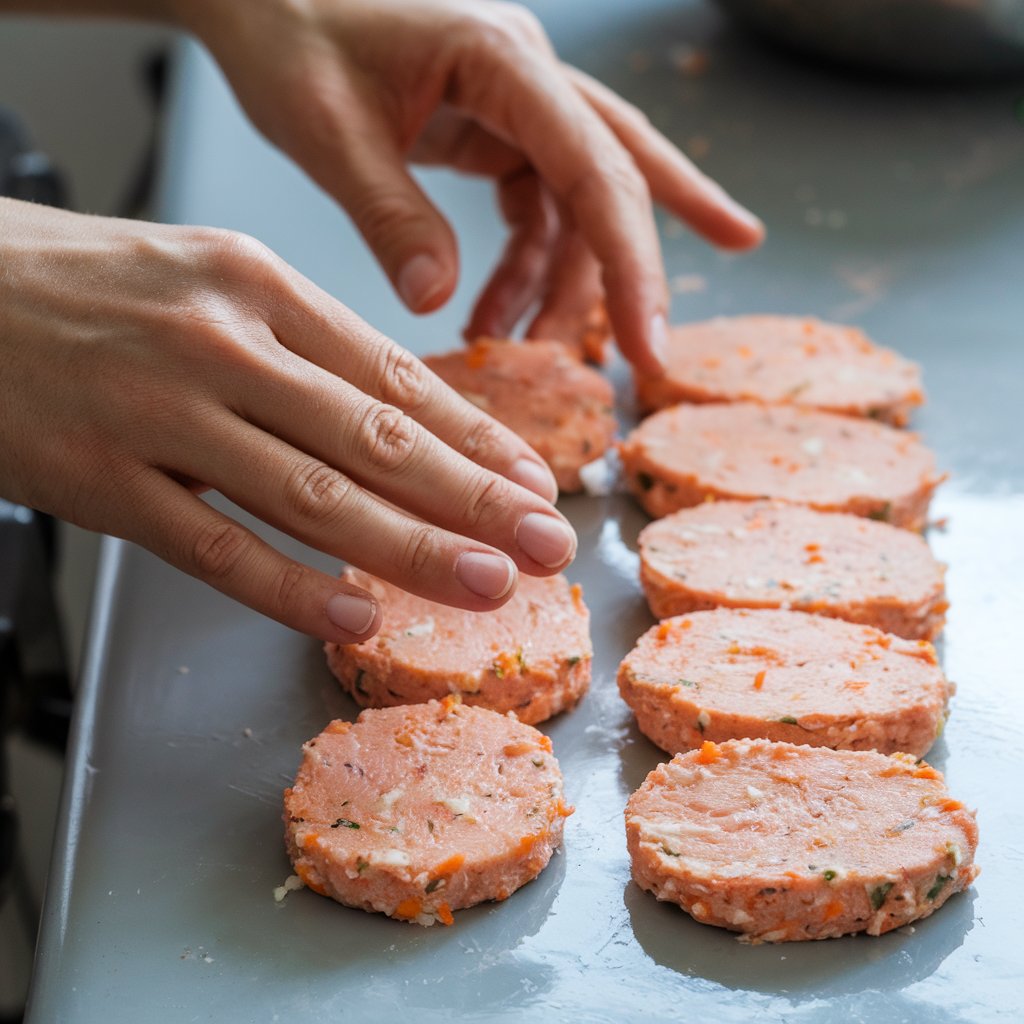 Hands shaping oval gefilte fish patties on a kitchen counter.