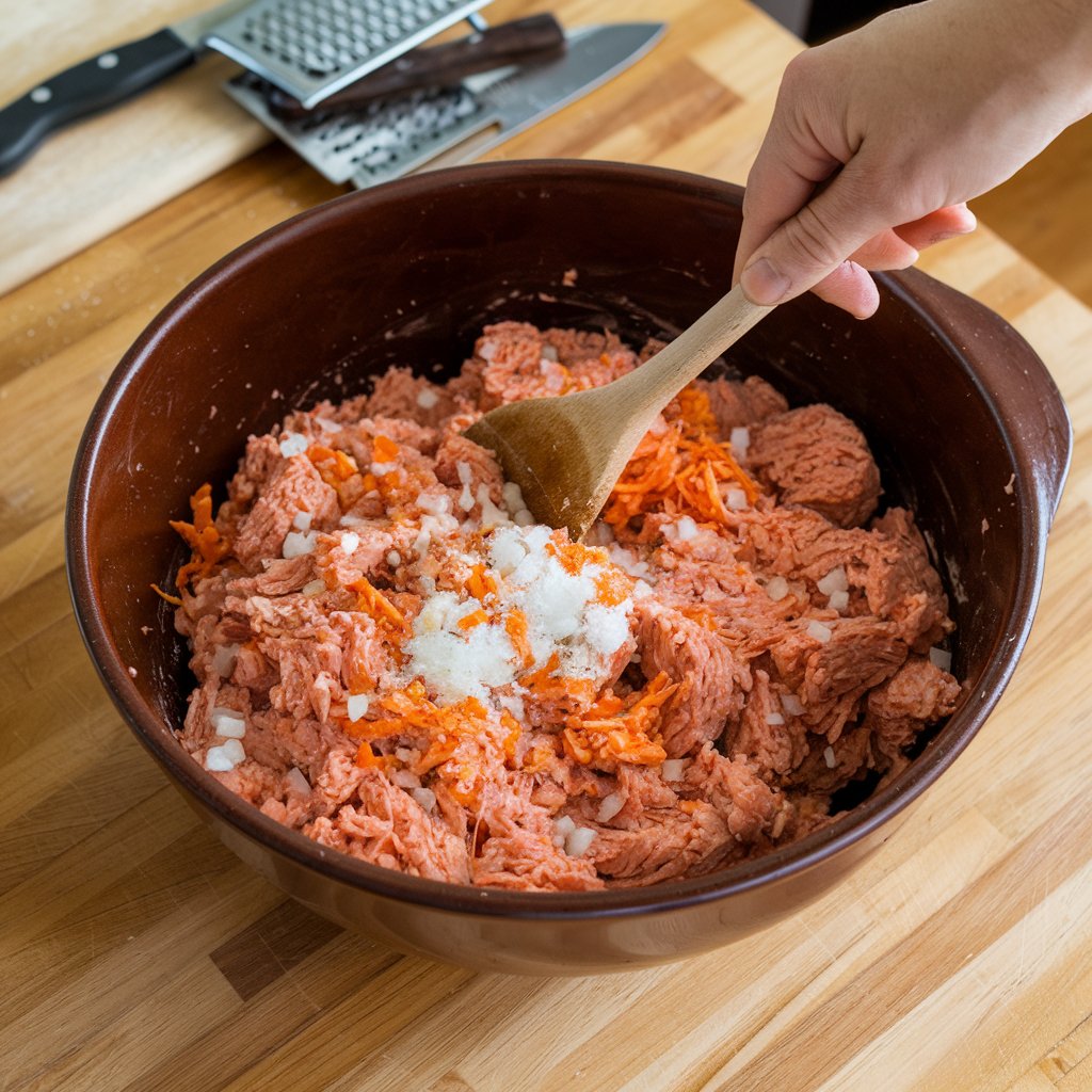 A bowl of mixed fish, onion, carrot, and seasoning being stirred with a spoon.