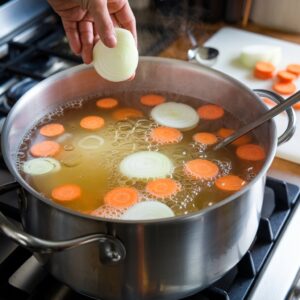 A large pot of simmering fish stock with onions and carrots being added for flavor.