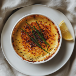 Crab Brulee Recipe plating with herb garnish on a white plate