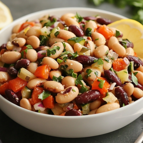 Dense bean salad recipe in a rustic bowl with fresh vegetables