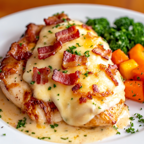Alice Springs Chicken elegantly plated with vegetables, garnished with fresh herbs.